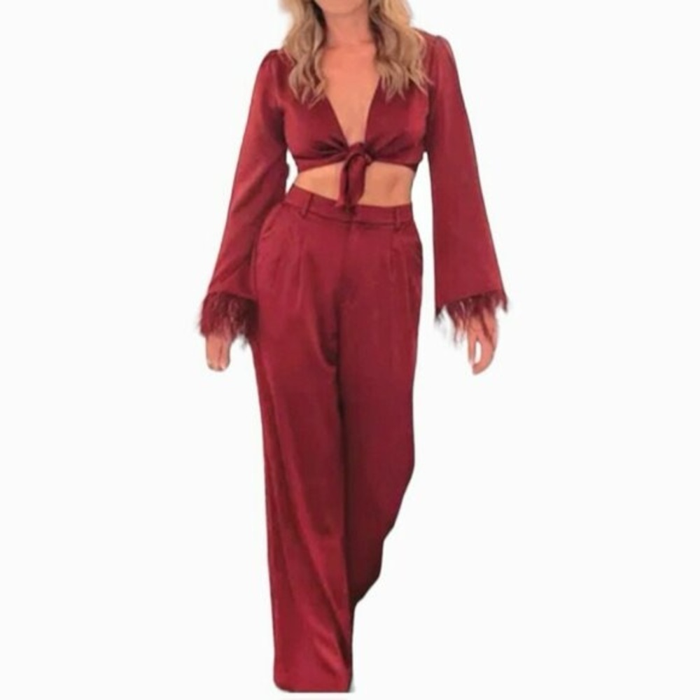 Wayf Women Red Two Pieces Set Pants Wide Leg Tailored Trousers Satin Wrap Top, S